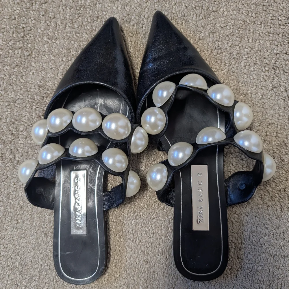 Zara Womens Pearl Strap Mules Pointed Flats Black 36 Blogger Favorite Influencer - Picture 3 of 9